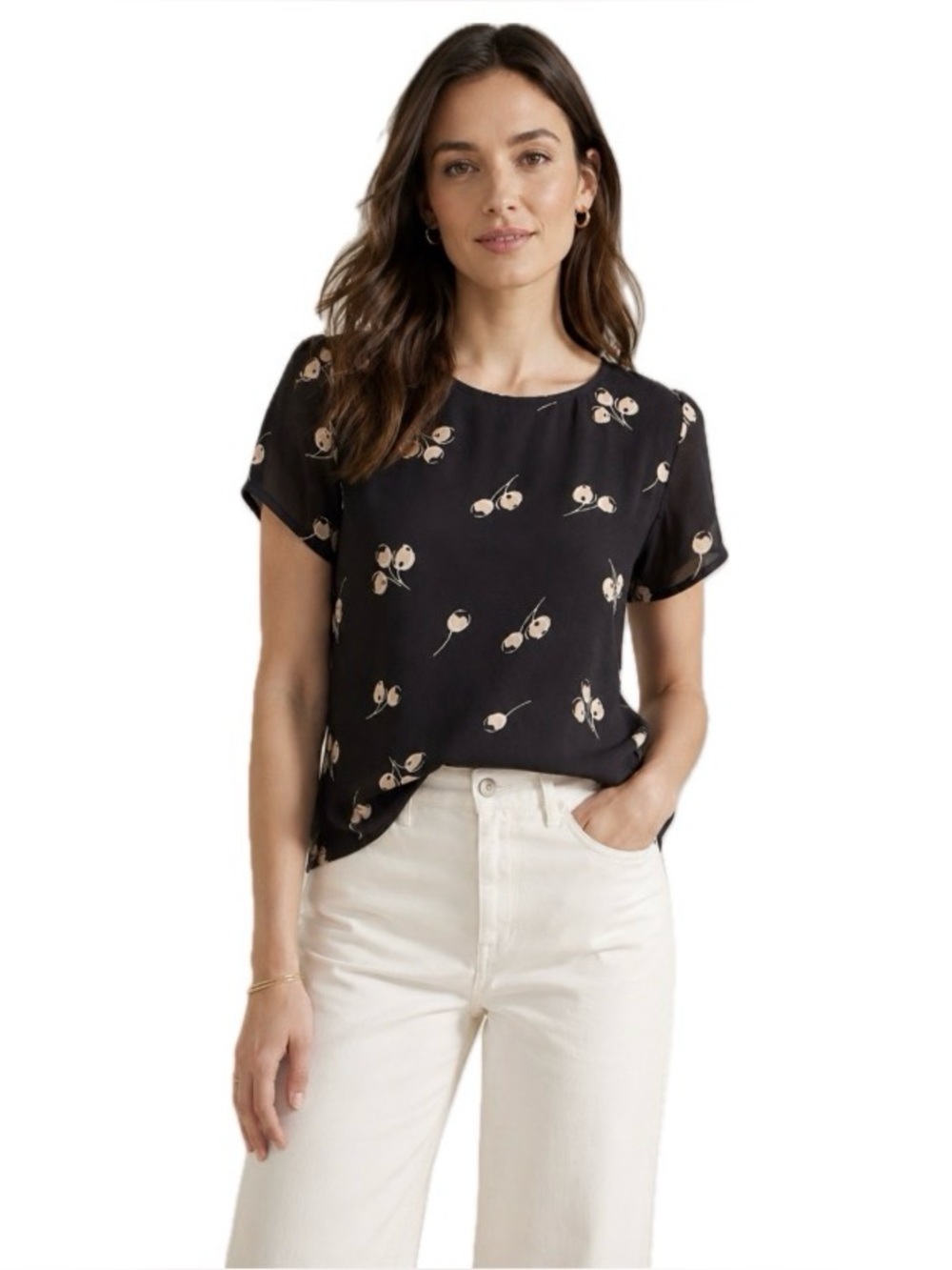 Loft, Cherry Print Women's Top with dark gray and soft pink, Size S